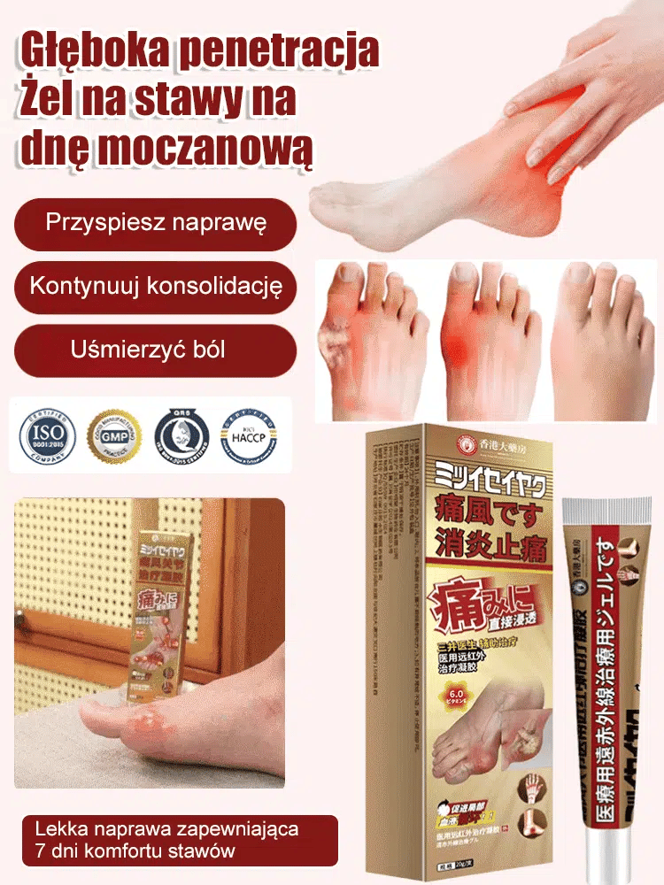 Żel medyczny na stawy na dnę moczanową Nie znoś ataków dny moczanowej! Żel szybko się wchłania, działa w ciągu 10 minut i łagodzi obrzęk i ból!